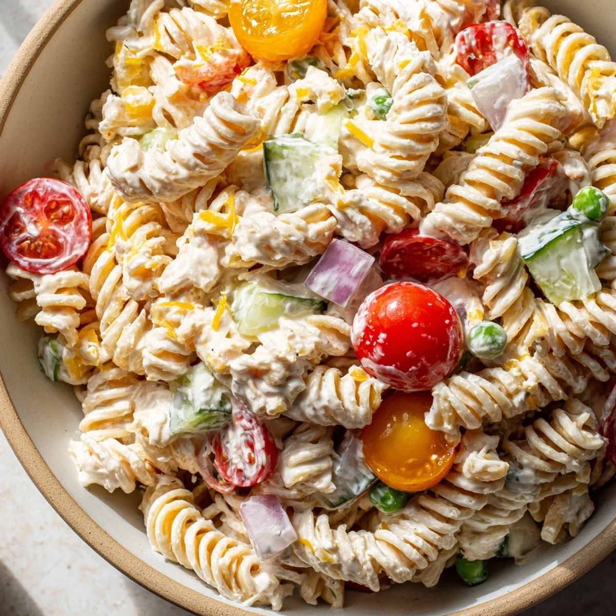 Creamy ranch pasta salad in a serving bowl with colorful fresh vegetables and herbs