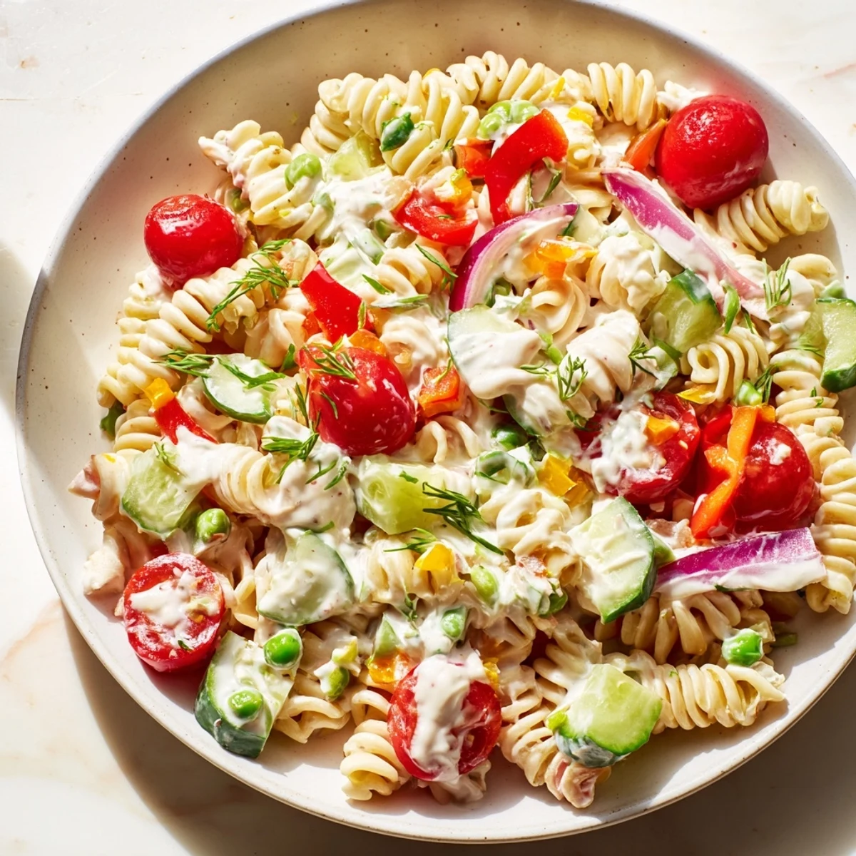 Chilled creamy ranch pasta salad featuring crisp cucumber tomatoes and tender rotini noodles