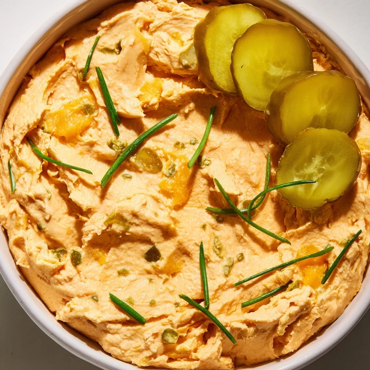 Creamy buffalo pickle dip in a serving bowl surrounded by crunchy chips and fresh veggie sticks