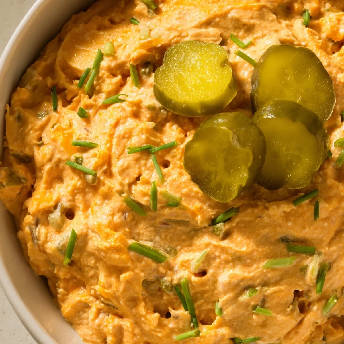 Tangy buffalo pickle dip topped with chopped chives and pickle slices on a rustic wooden board