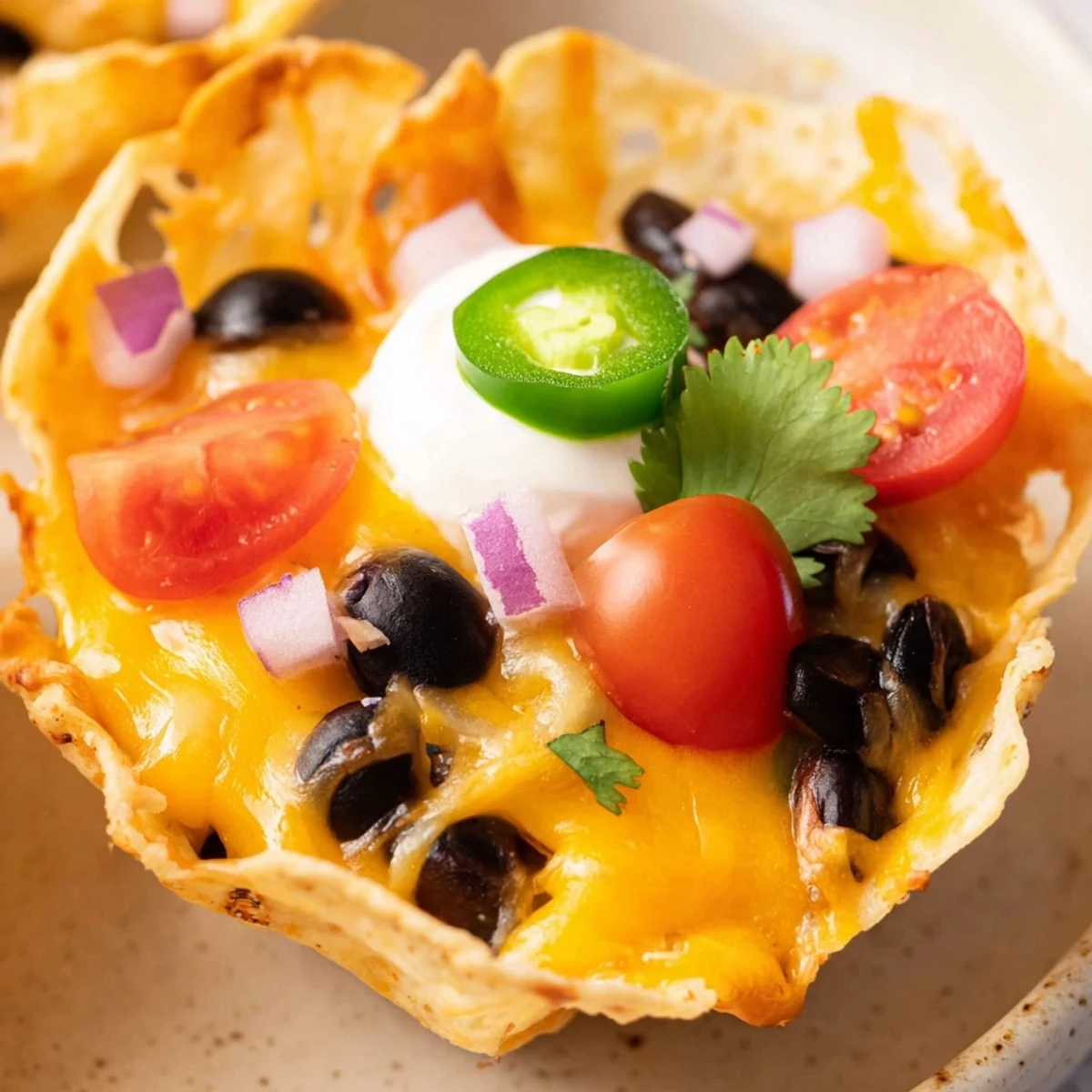 Golden cheesy nacho cups bubbling with melted cheese and colorful fresh toppings in a muffin tin.