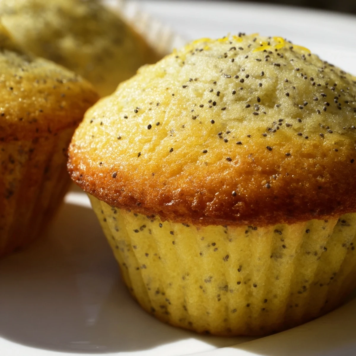 Golden lemon poppy seed muffins with domed tops sit in a rustic muffin tin ready to serve
