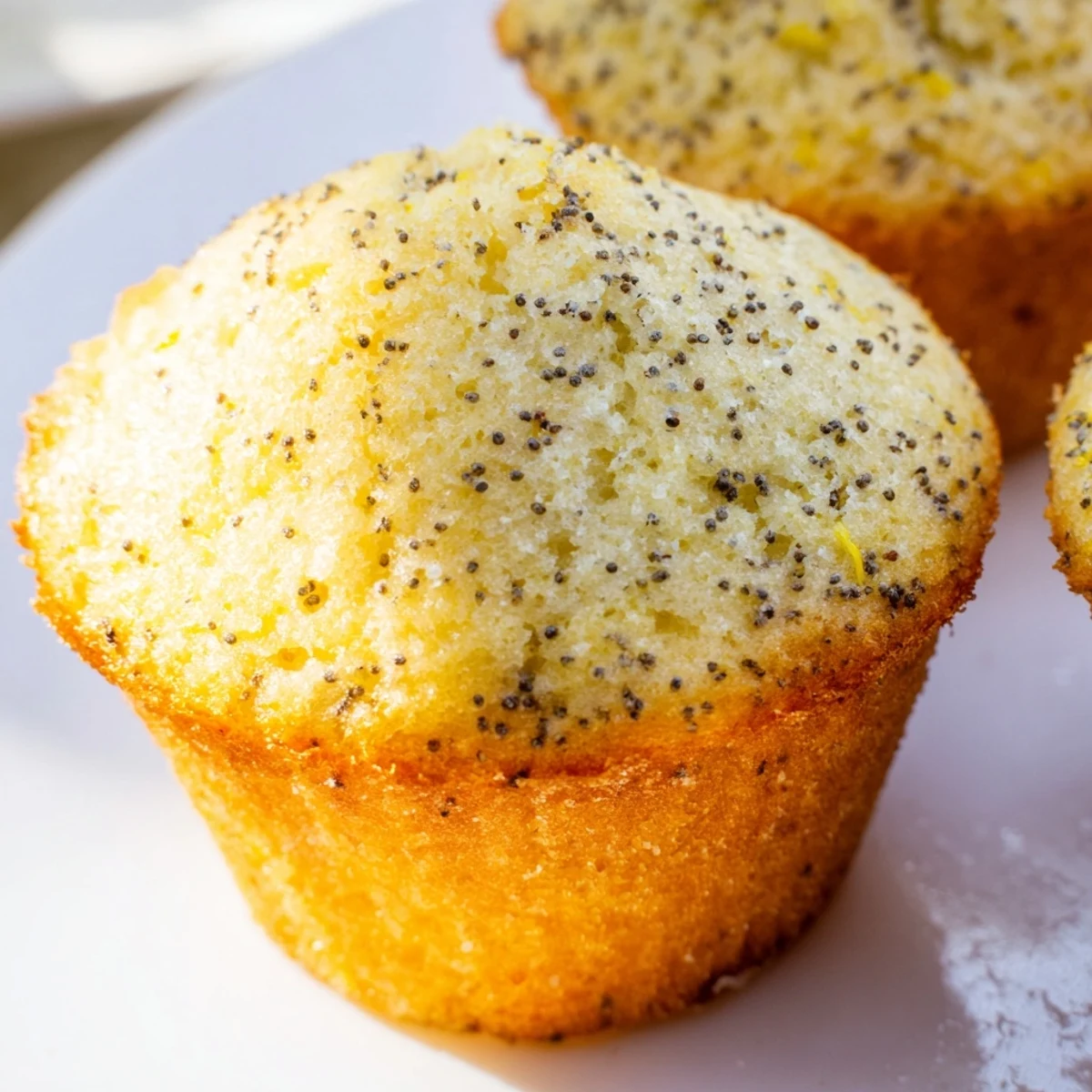 Freshly baked lemon poppy seed muffins showcase speckled golden crumbs and tender moist texture