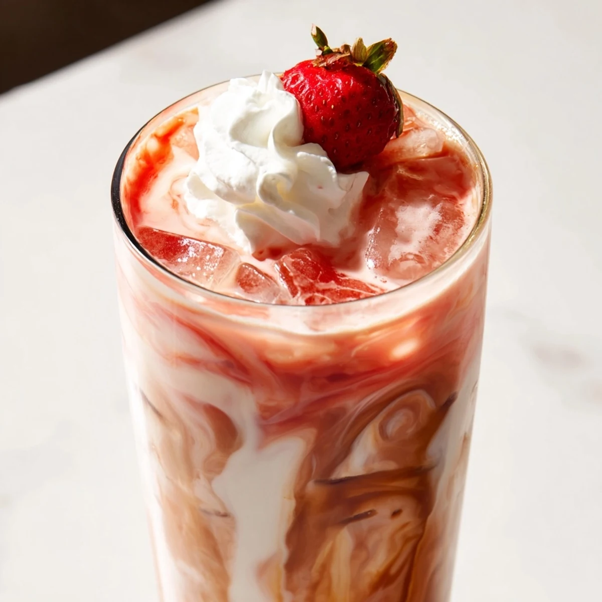 Creamy strawberry cold latte in a tall glass with swirled pink layers and ice
