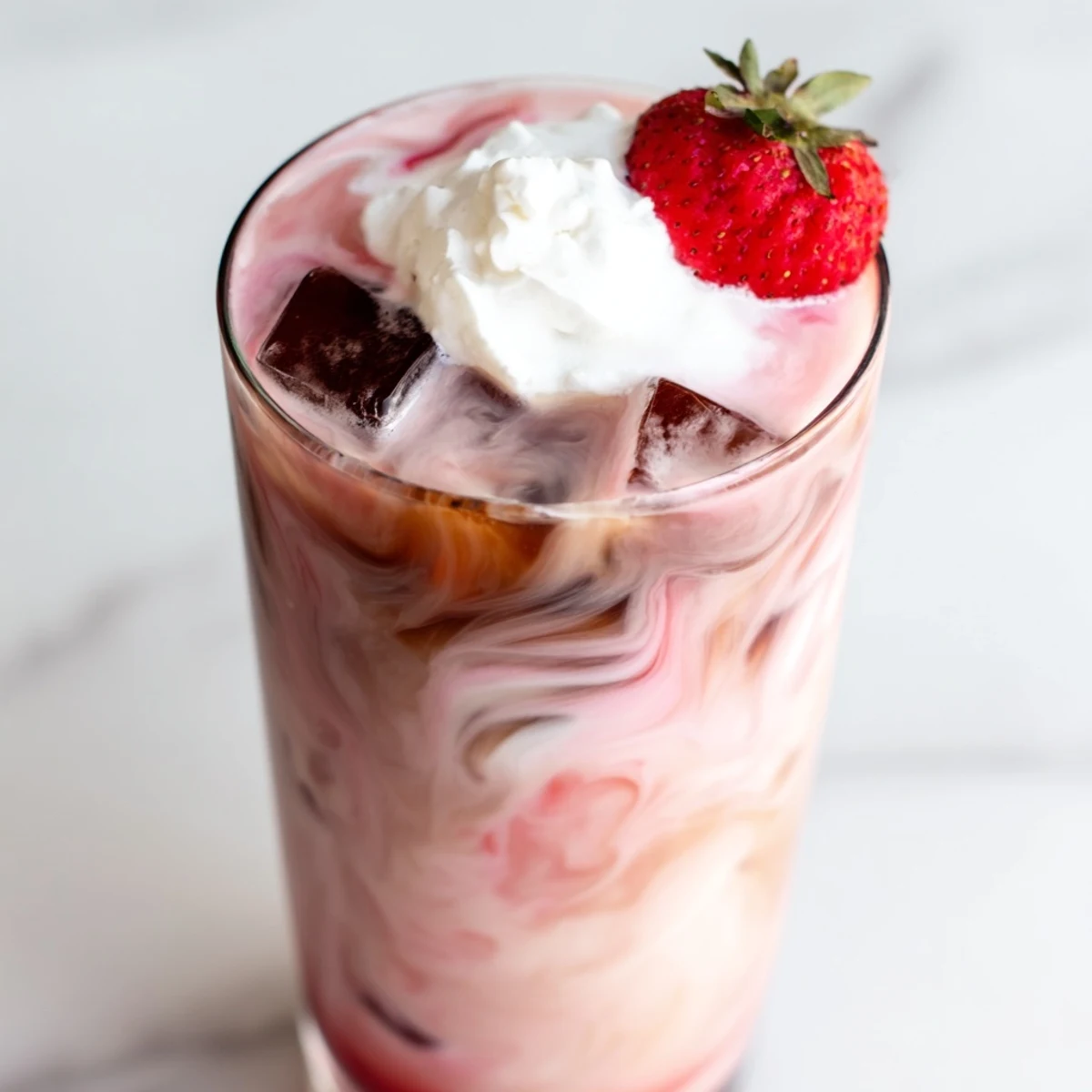 Strawberry cream cold latte topped with fluffy whipped cream and fresh berry garnish