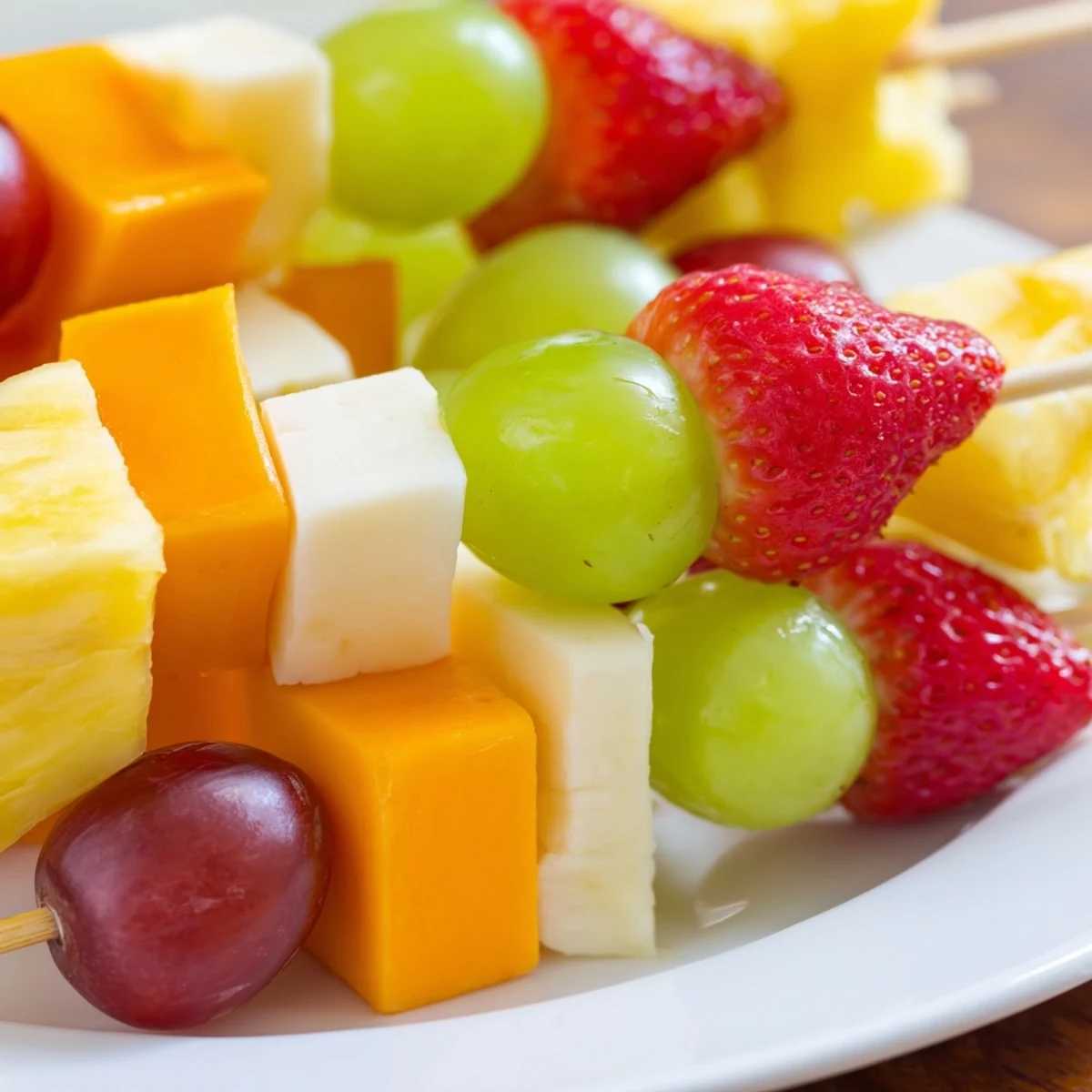 Colorful fruit and cheese kabobs arranged on a platter with grapes strawberries pineapple and cubed cheddar