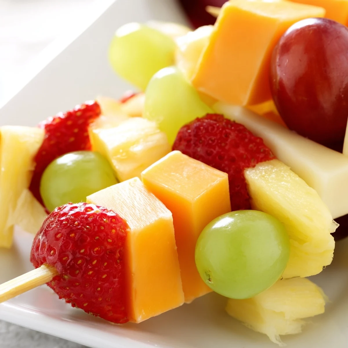 Fresh fruit and cheese kabobs featuring alternating cubes of cheddar mozzarella grapes strawberries and pineapple chunks