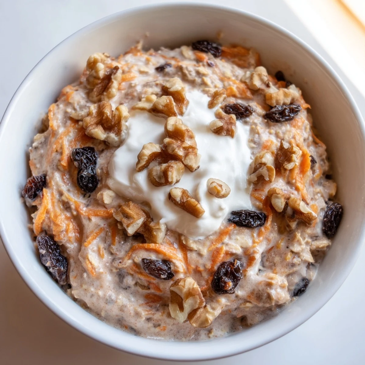 Creamy carrot cake overnight oats in a mason jar topped with crunchy walnuts and raisins