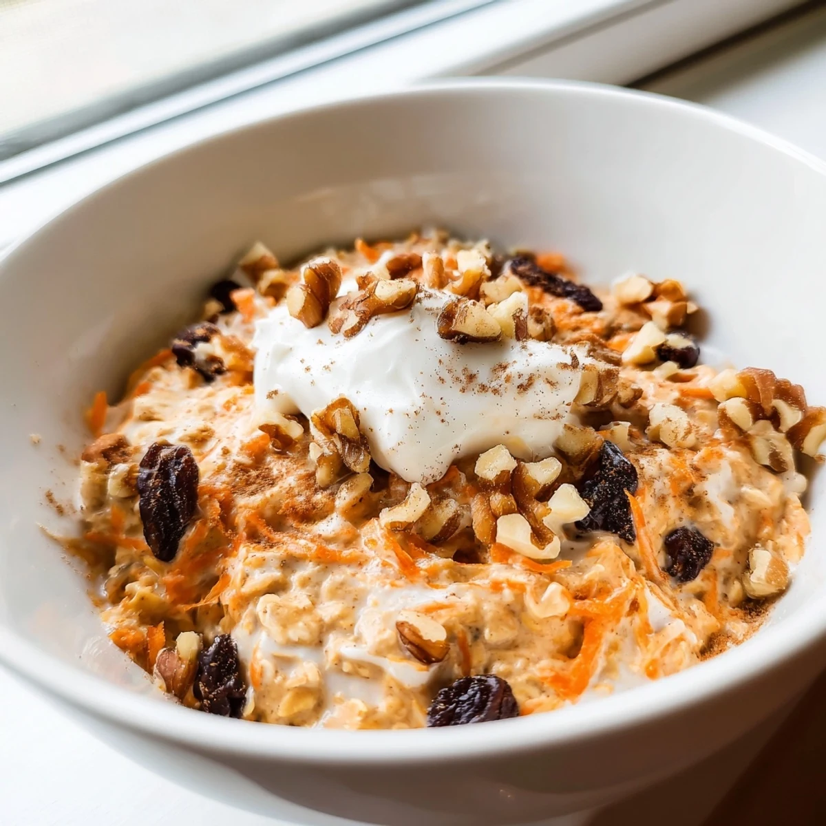 Carrot cake overnight oats served cold with grated carrots, warm spices, and Greek yogurt