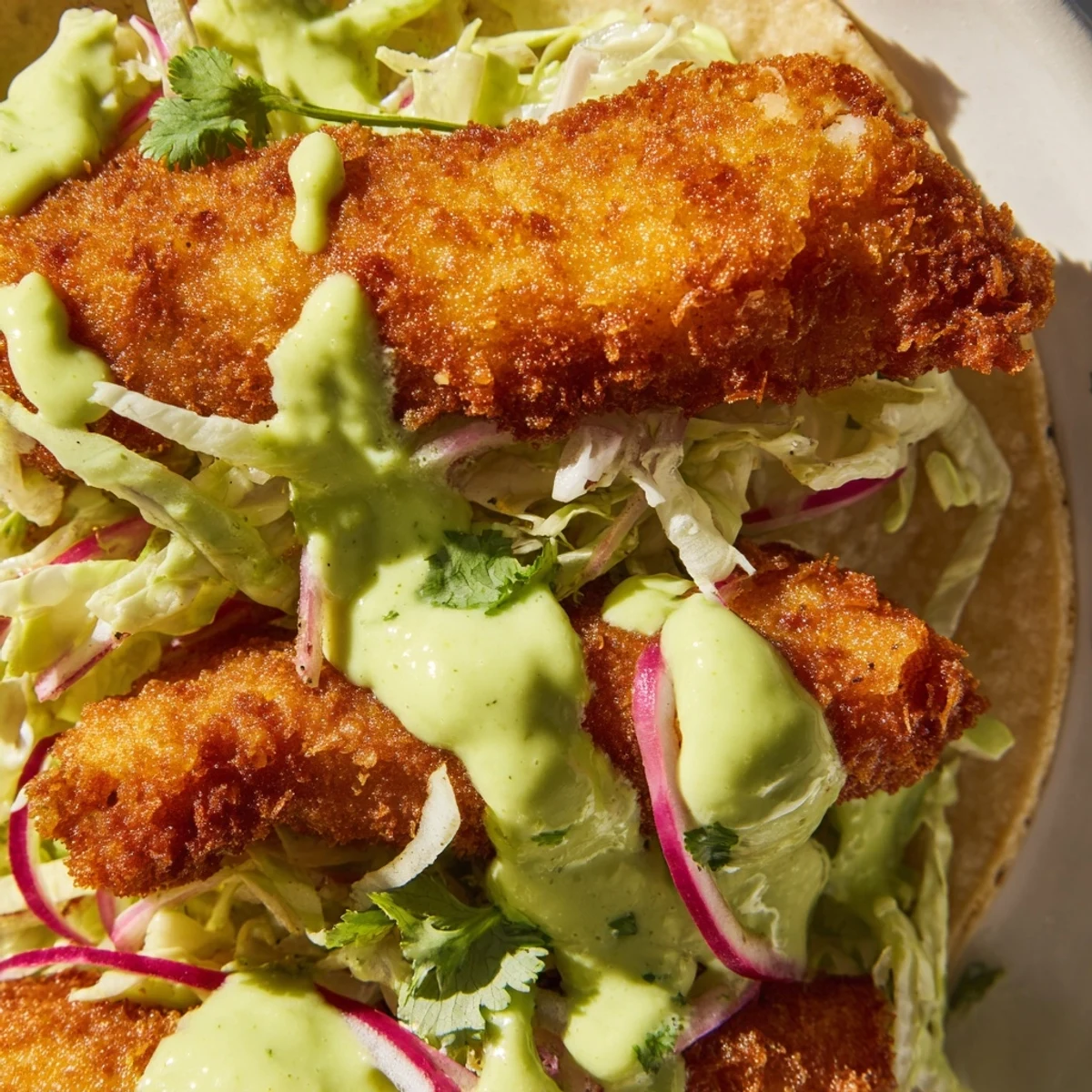 Golden crispy fish tacos with avocado crema and fresh cabbage slaw on corn tortillas