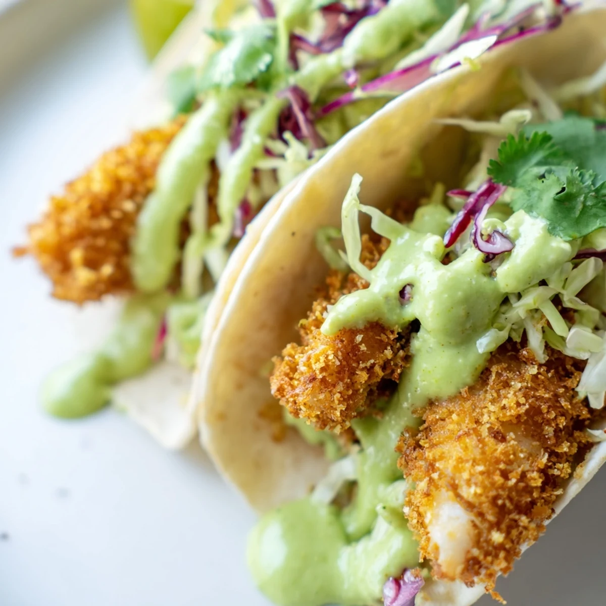 Baja fish tacos topped with crunchy slaw and creamy green avocado sauce drizzle