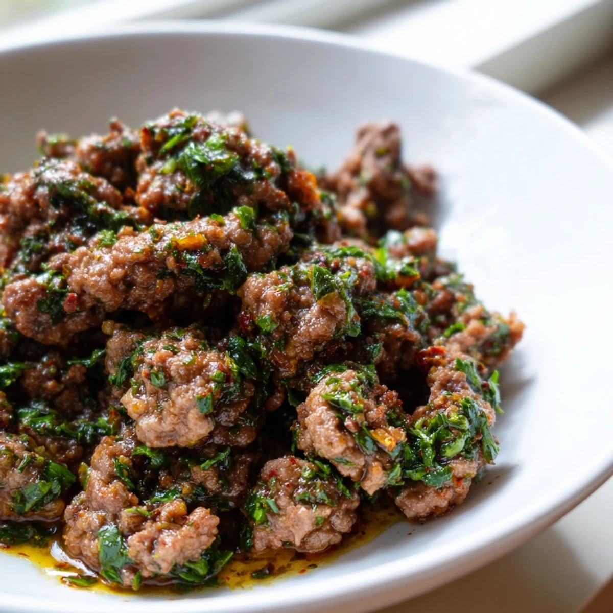 Golden seasoned ground beef topped with vibrant green chimichurri sauce over fluffy white rice with fresh vegetables