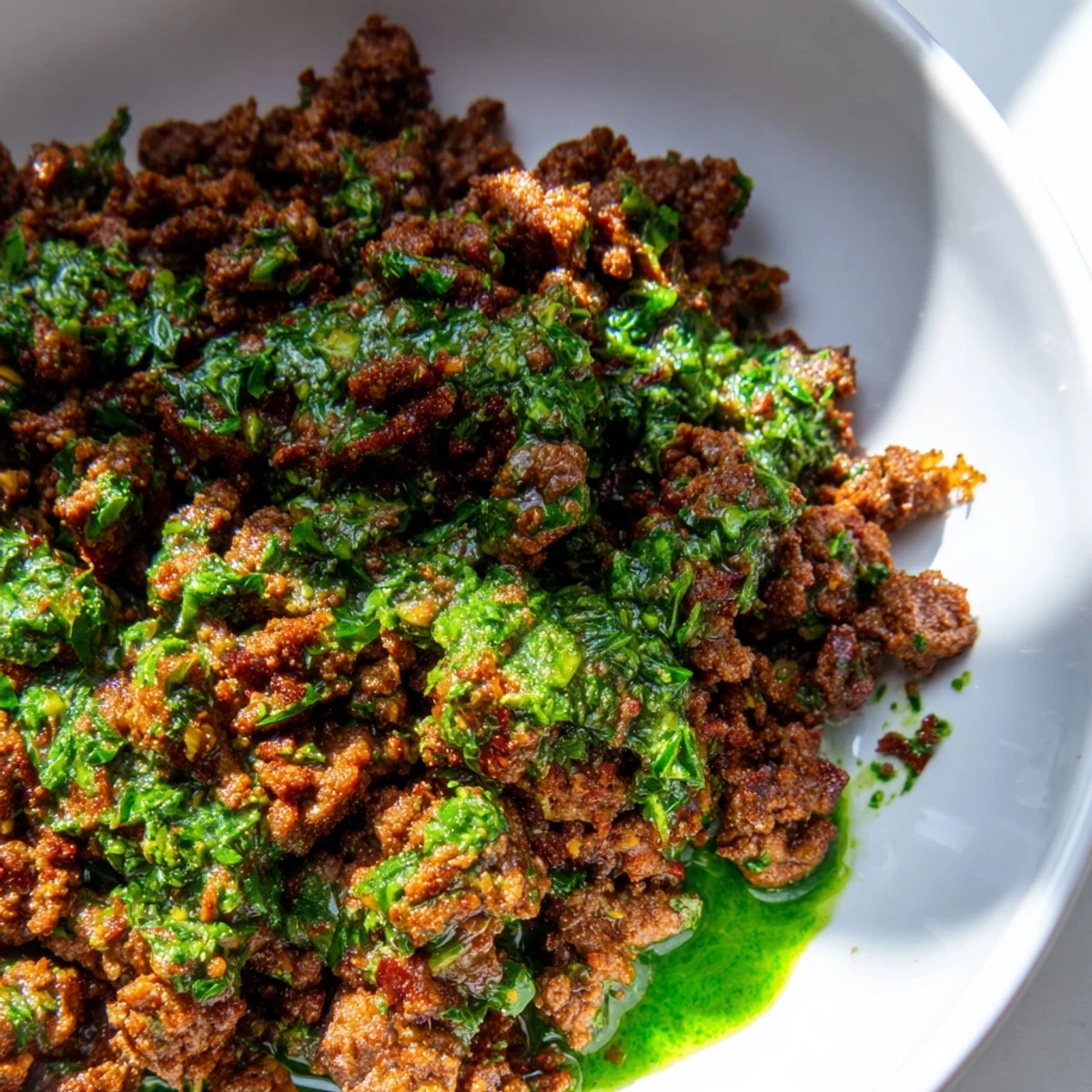 Chimichurri ground beef bowls featuring tender spiced meat crisp cucumber avocado slices and bright herb drizzle