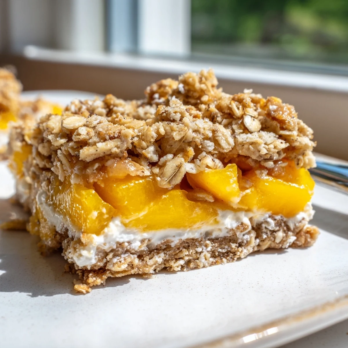 Golden peaches and cream crumble bars with buttery oat topping on a rustic plate