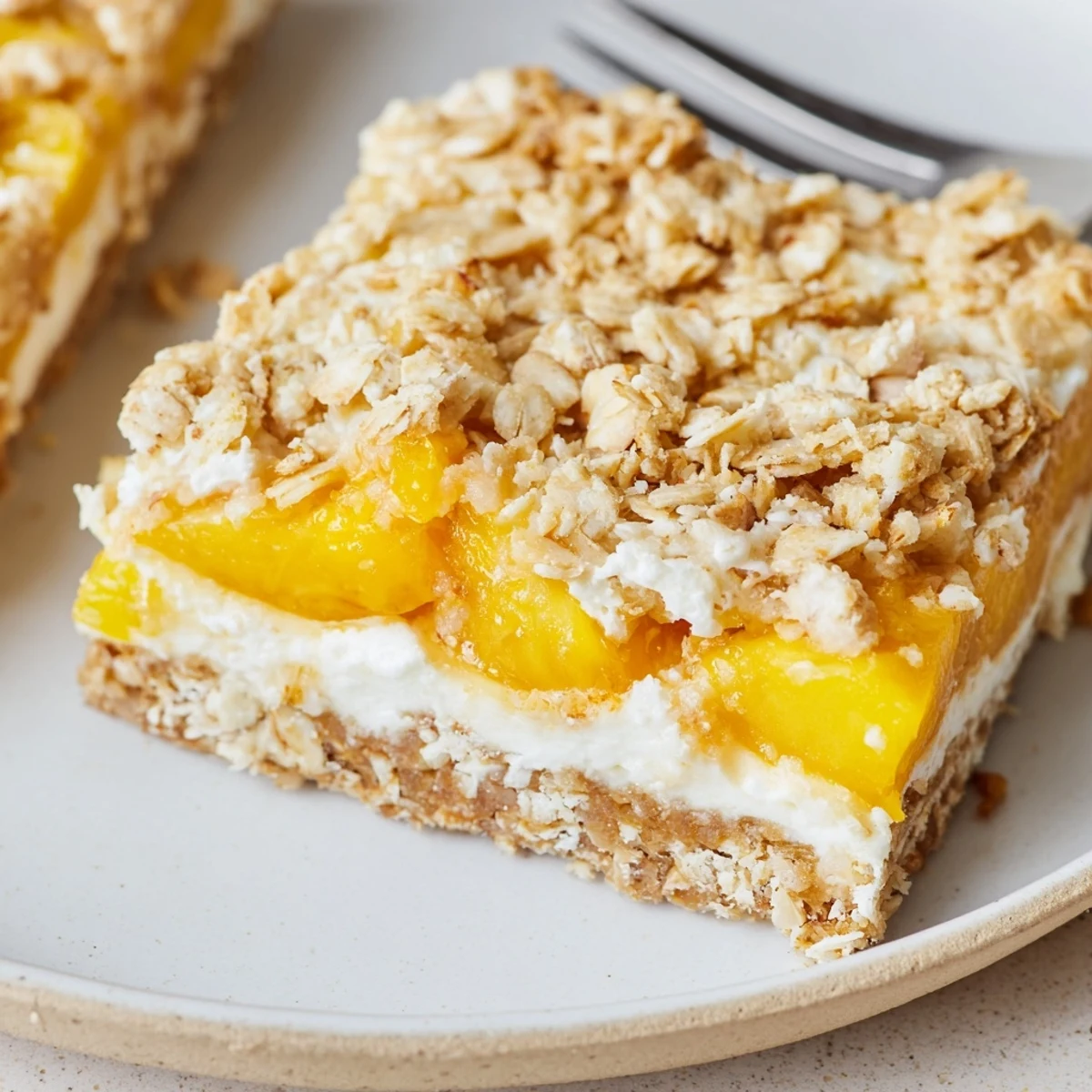 Warm peaches and cream crumble bars dusted with cinnamon beside fresh peach slices