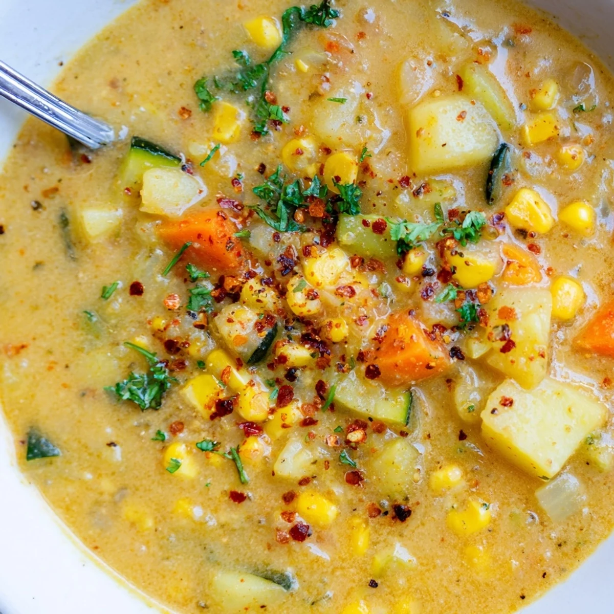 Hearty Potato Corn Zucchini Soup served steaming in a rustic bowl with fresh parsley garnish