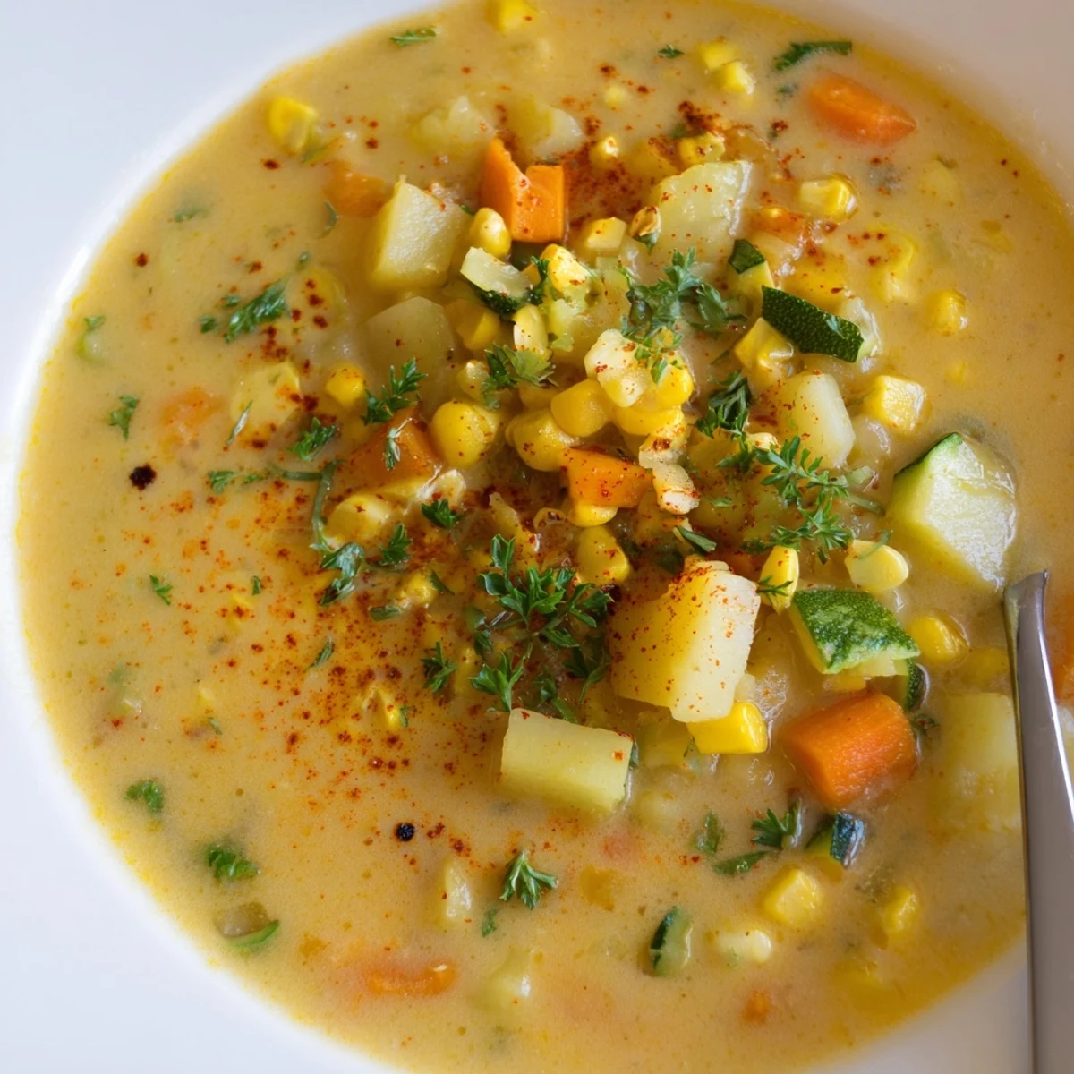 Creamy Hearty Potato Corn Zucchini Soup loaded with tender vegetables and sweet golden corn kernels