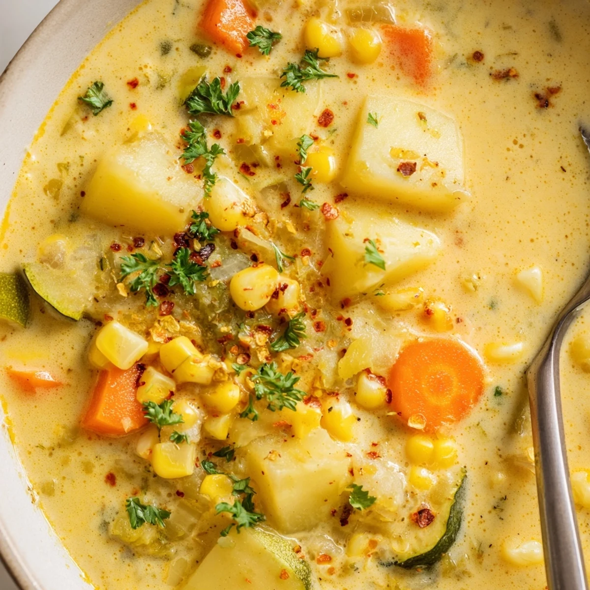 Golden bowl of Hearty Potato Corn Zucchini Soup topped with cracked black pepper and crusty bread
