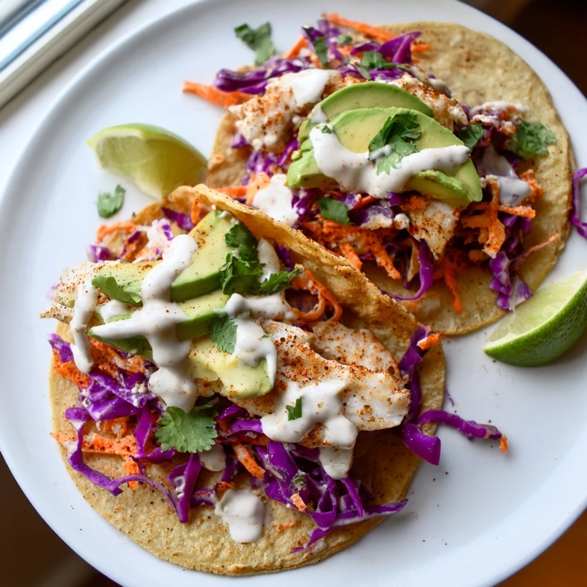 Golden seasoned tilapia fish tacos nestled in warm tortillas with fresh avocado