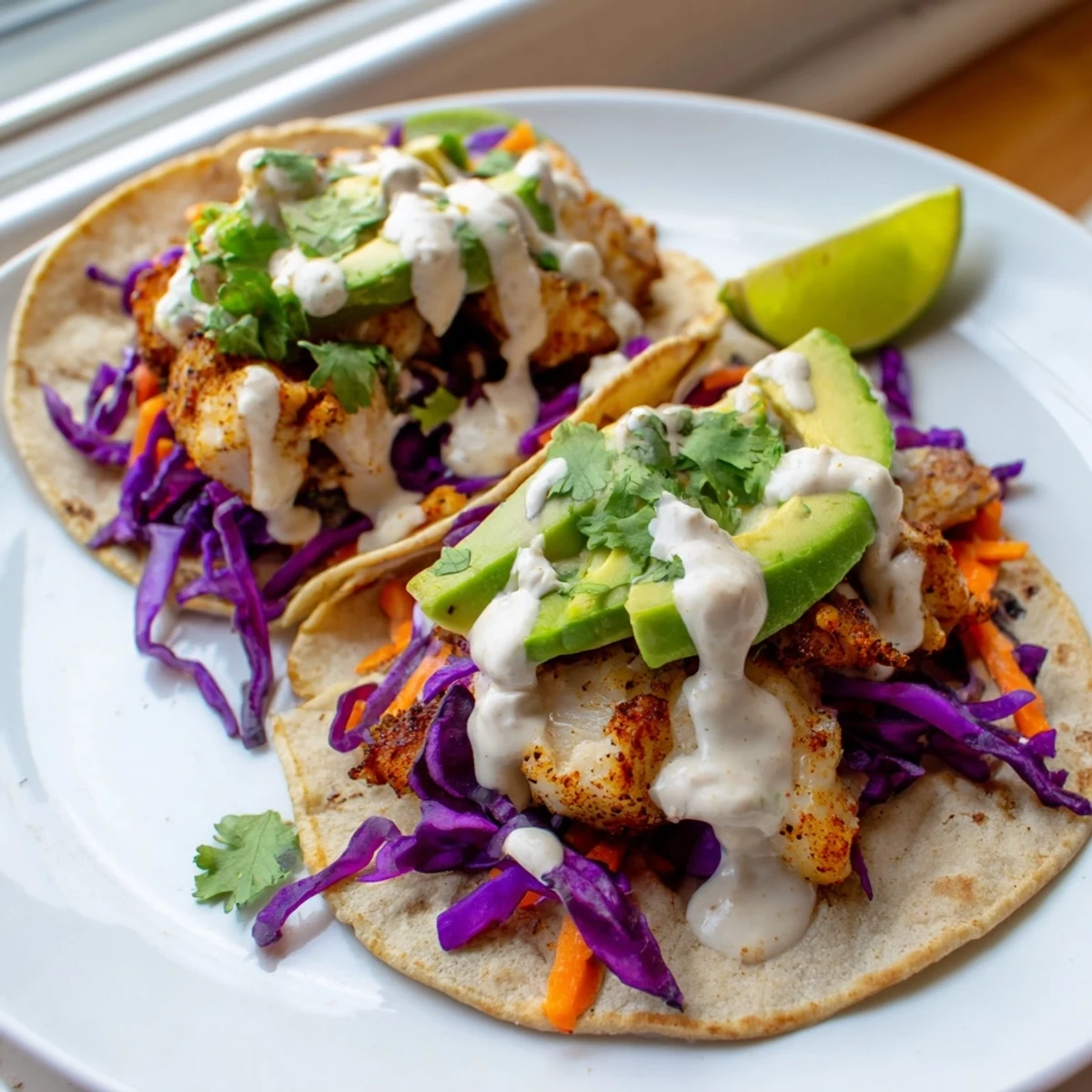 Crispy tilapia fish tacos topped with vibrant slaw and creamy zesty crema