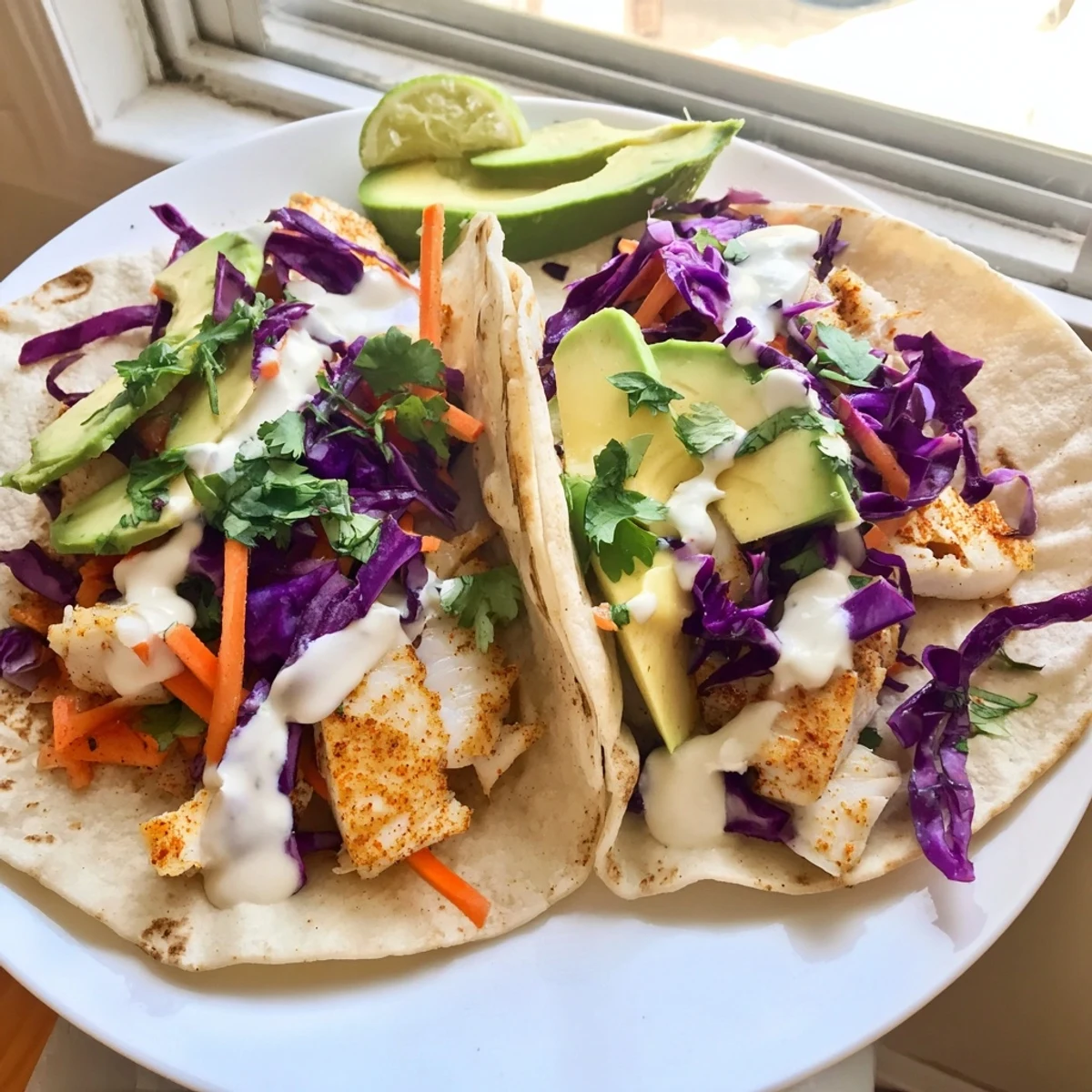 Flaky tilapia fish tacos drizzled with tangy crema and bright cabbage slaw