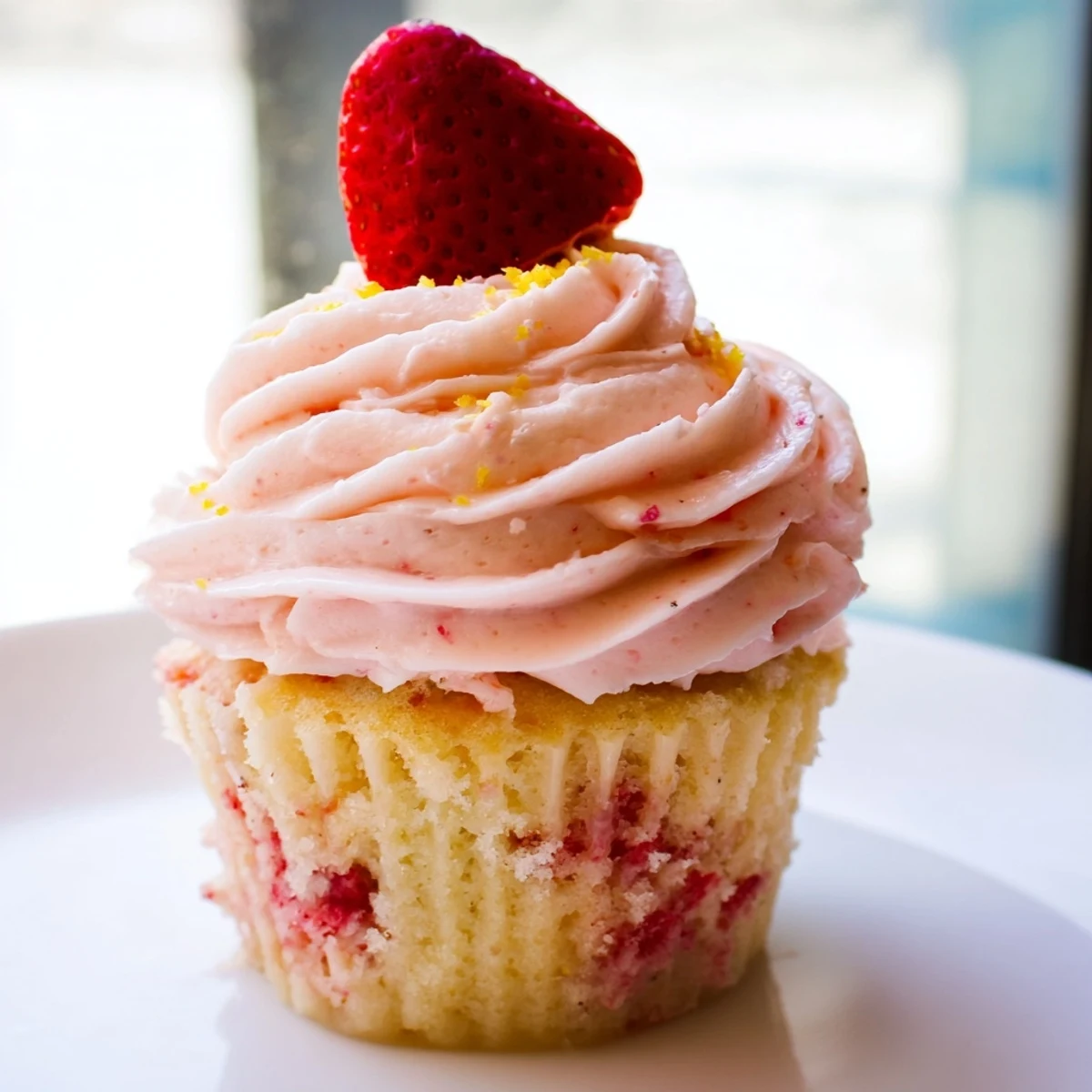 Frosted strawberry lemonade cupcakes topped with pink buttercream on a rustic summer dessert table