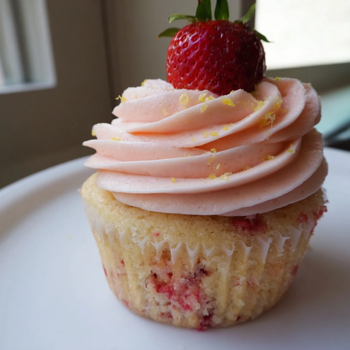 Golden strawberry lemonade cupcakes with swirled lemon strawberry frosting and fresh berry garnish