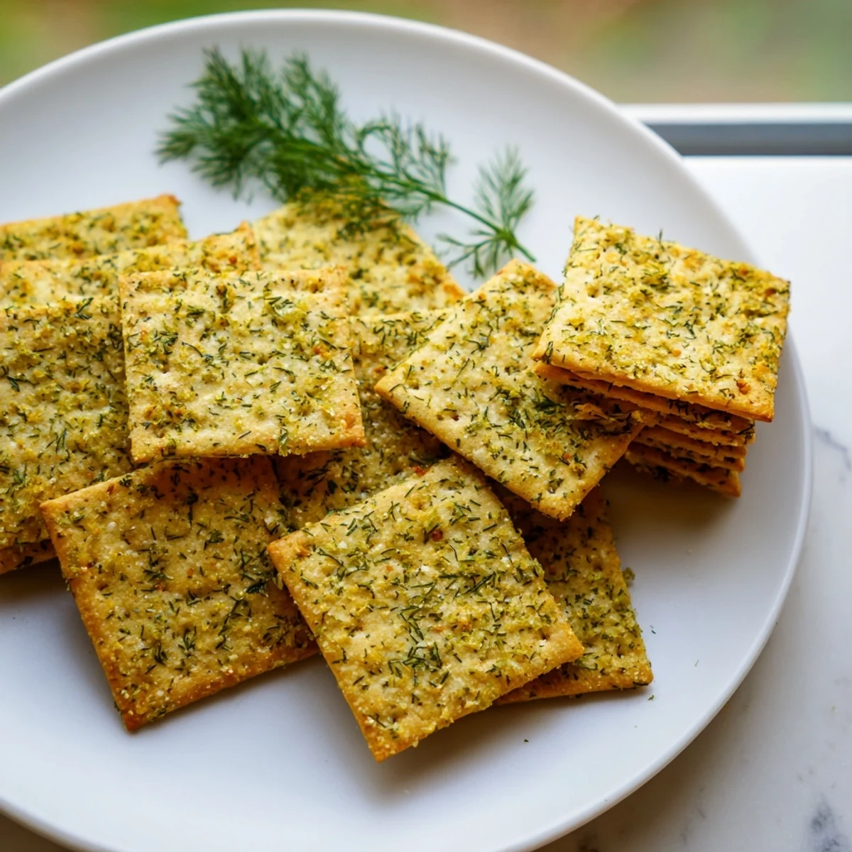 Golden dill pickle saltines brushed with herbed butter and baked until perfectly crisp.