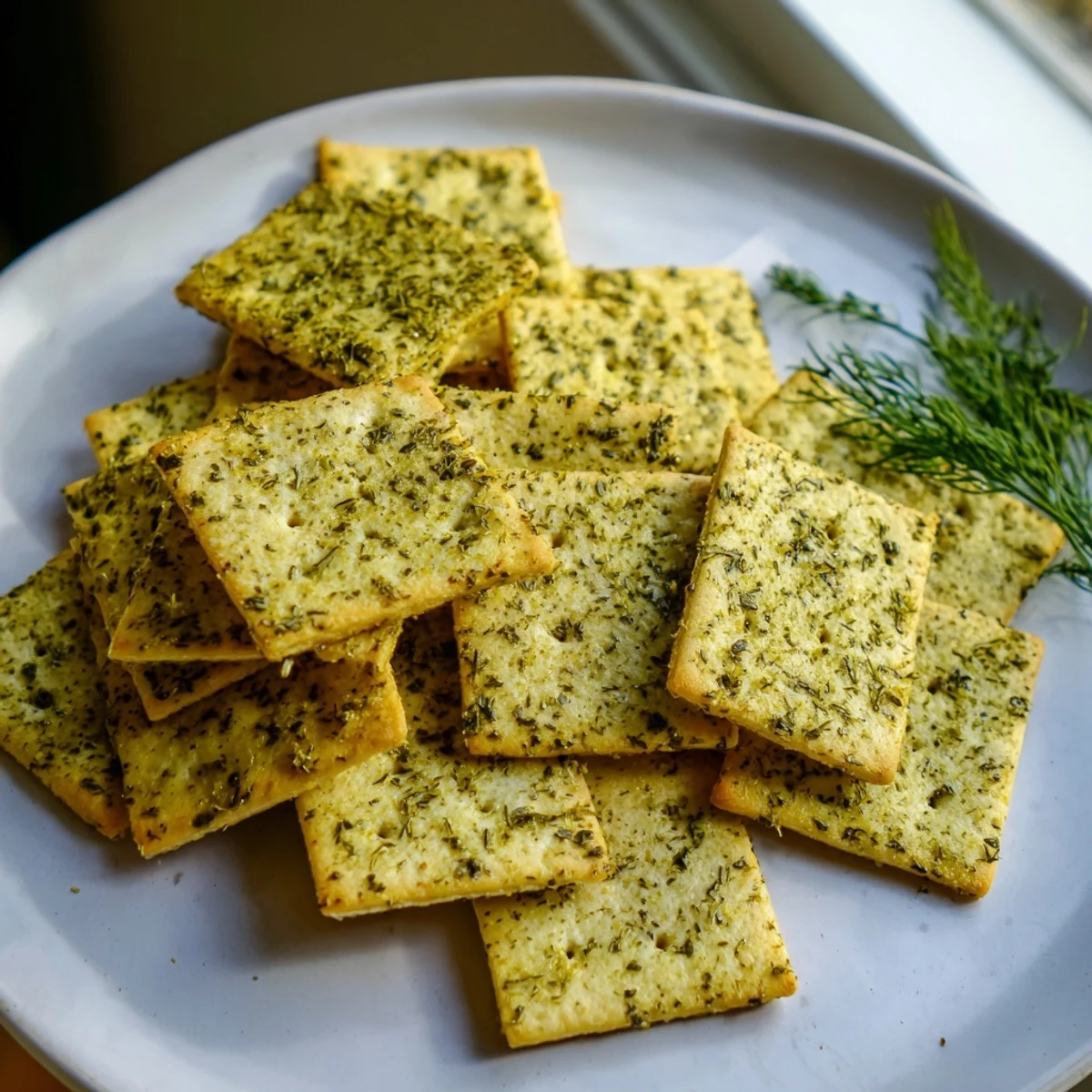 Tangy dill pickle saltines arranged on a parchment-lined sheet, coated in garlic herb butter.