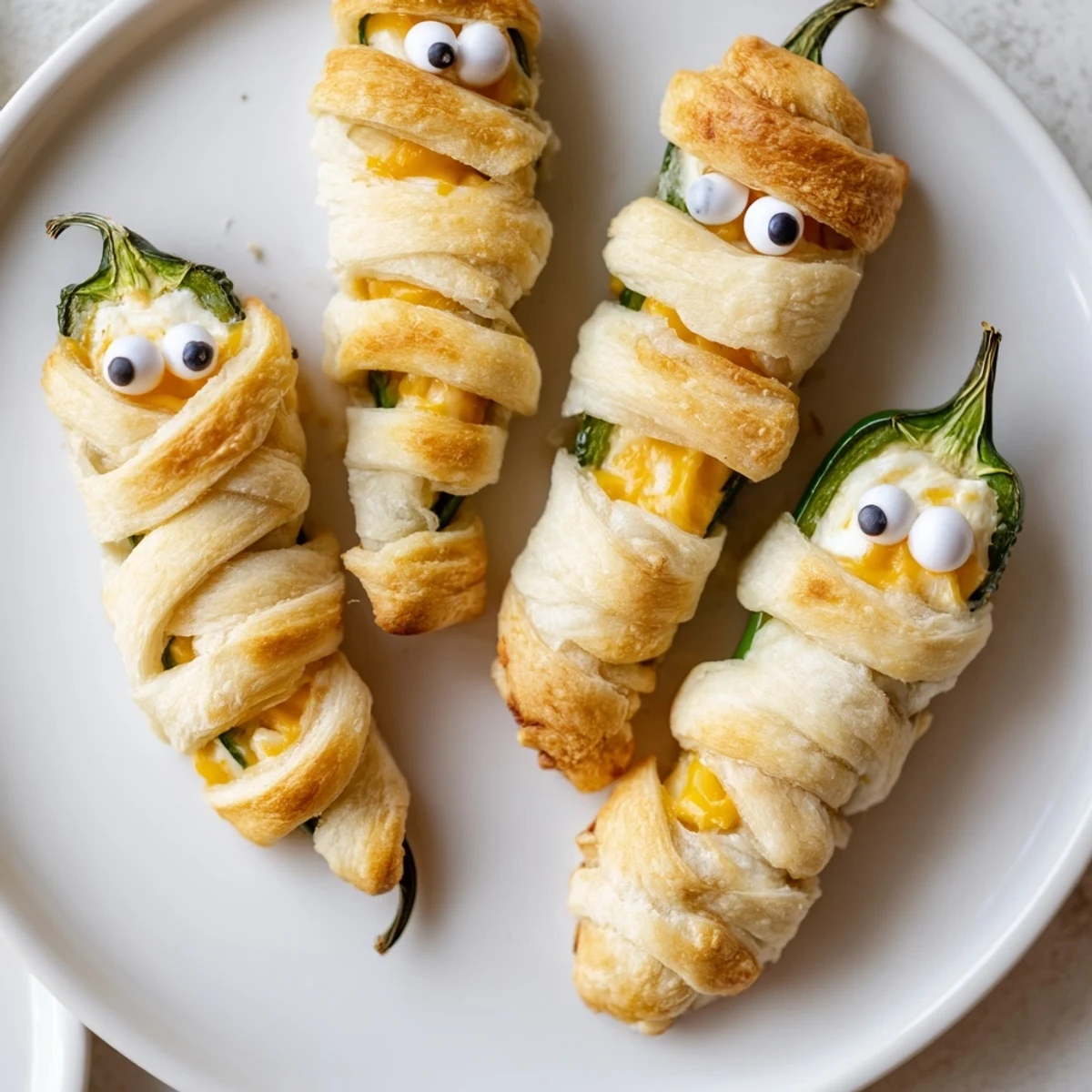 Crispy golden Mummy Jalapeño Poppers with melty cheese filling and cute candy eyes on a rustic baking sheet.