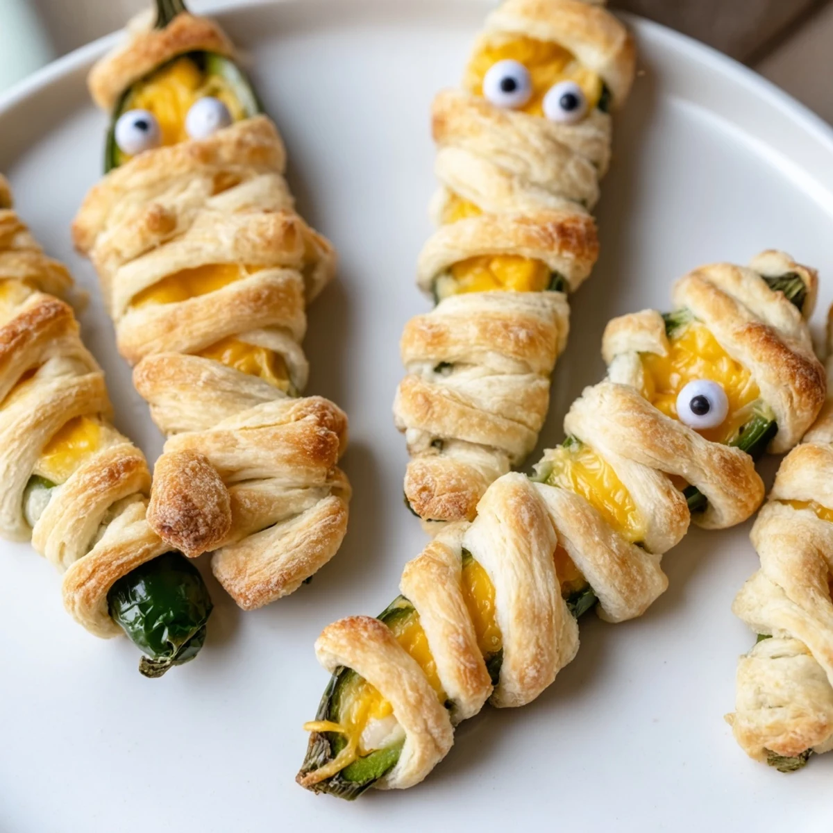 Mummy Jalapeño Poppers arranged on a spooky Halloween party platter with bubbling cheddar oozing from flaky dough bandages.