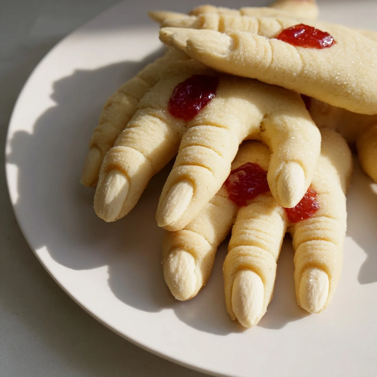Creepy Witch Finger Cookies with bloody almond nails on a spooky Halloween platter