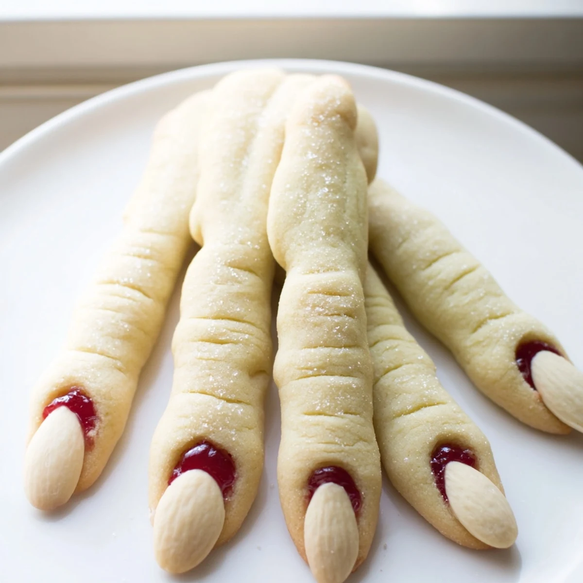 Golden Creepy Witch Finger Cookies shaped like gnarled hands fresh from the oven