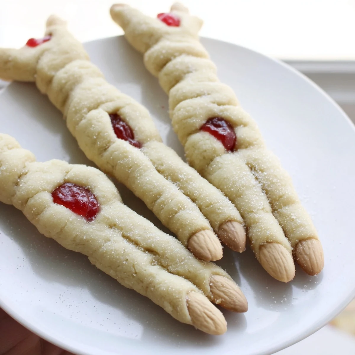 Plate of Creepy Witch Finger Cookies dusted with sugar beside Halloween party decorations