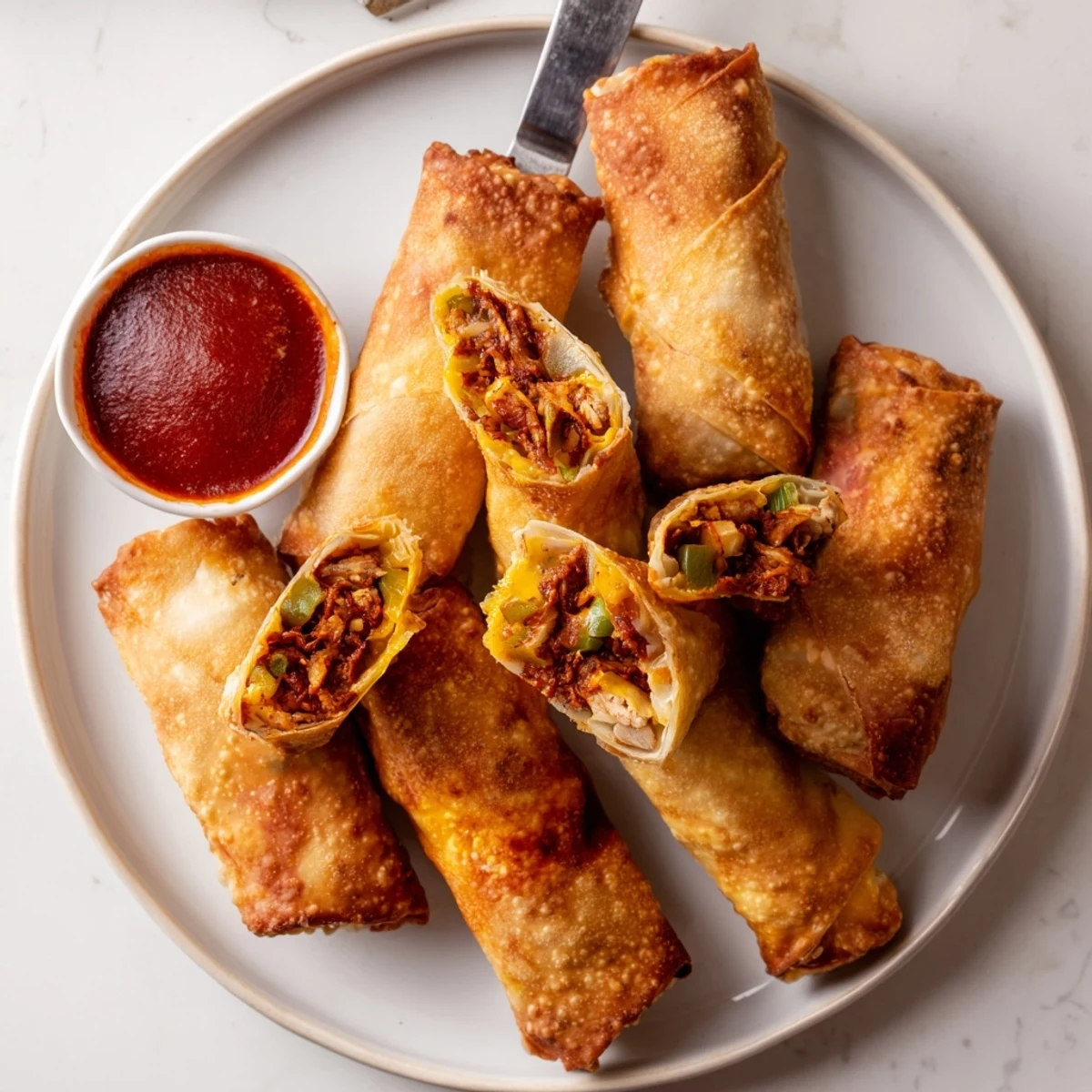 Golden brown Voodoo Egg Rolls served hot with spicy remoulade dipping sauce