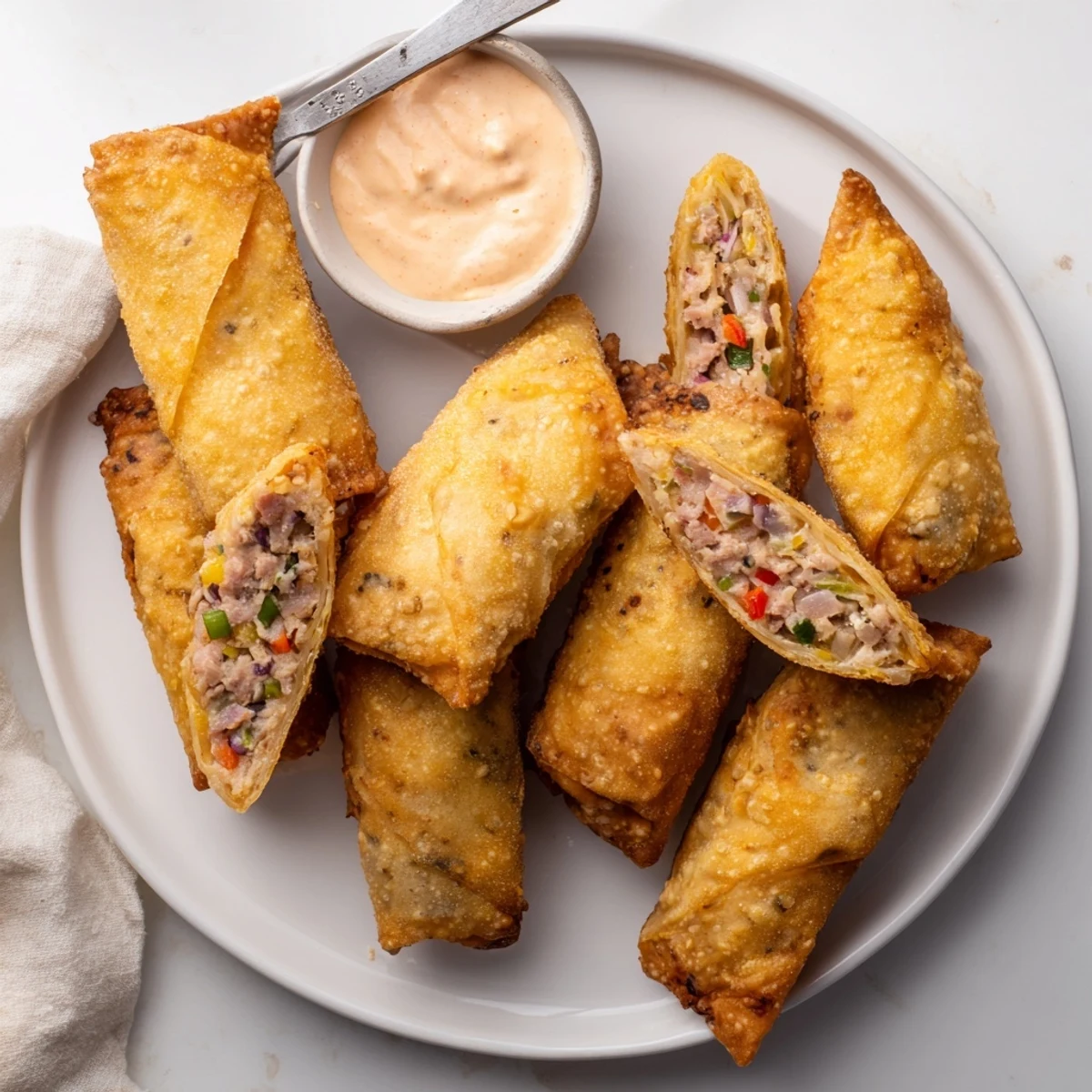 Crispy fried Voodoo Egg rolls filled with andouille sausage and melted cheddar