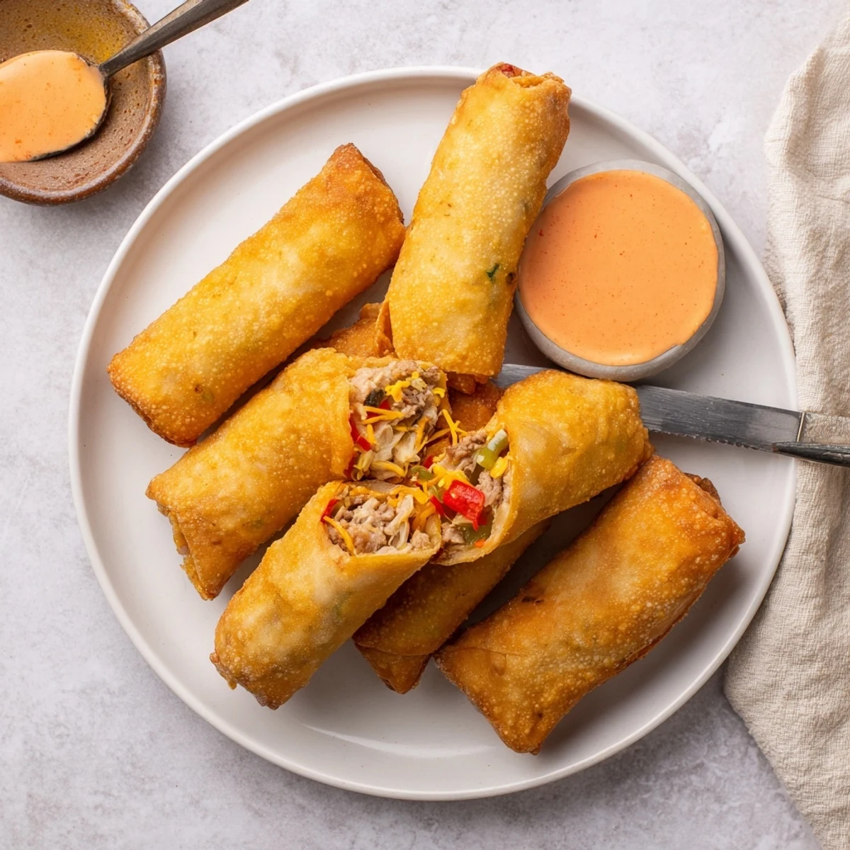 Golden Voodoo Egg Rolls sliced open revealing Cajun chicken and pepper filling