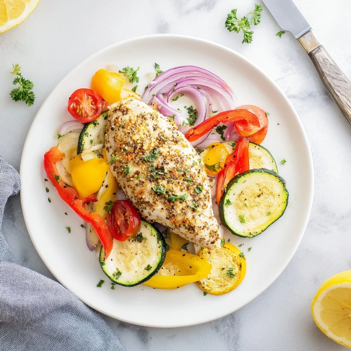 Juicy chicken foil packets recipe served open on a plate with lemon wedges and parsley