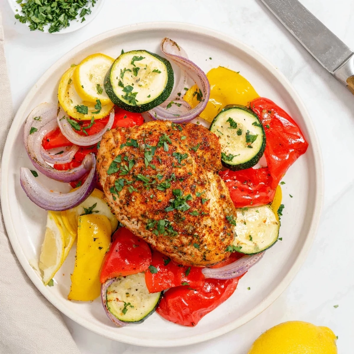 Herb-seasoned chicken foil packets recipe showcasing colorful roasted vegetables on a parchment-lined baking sheet