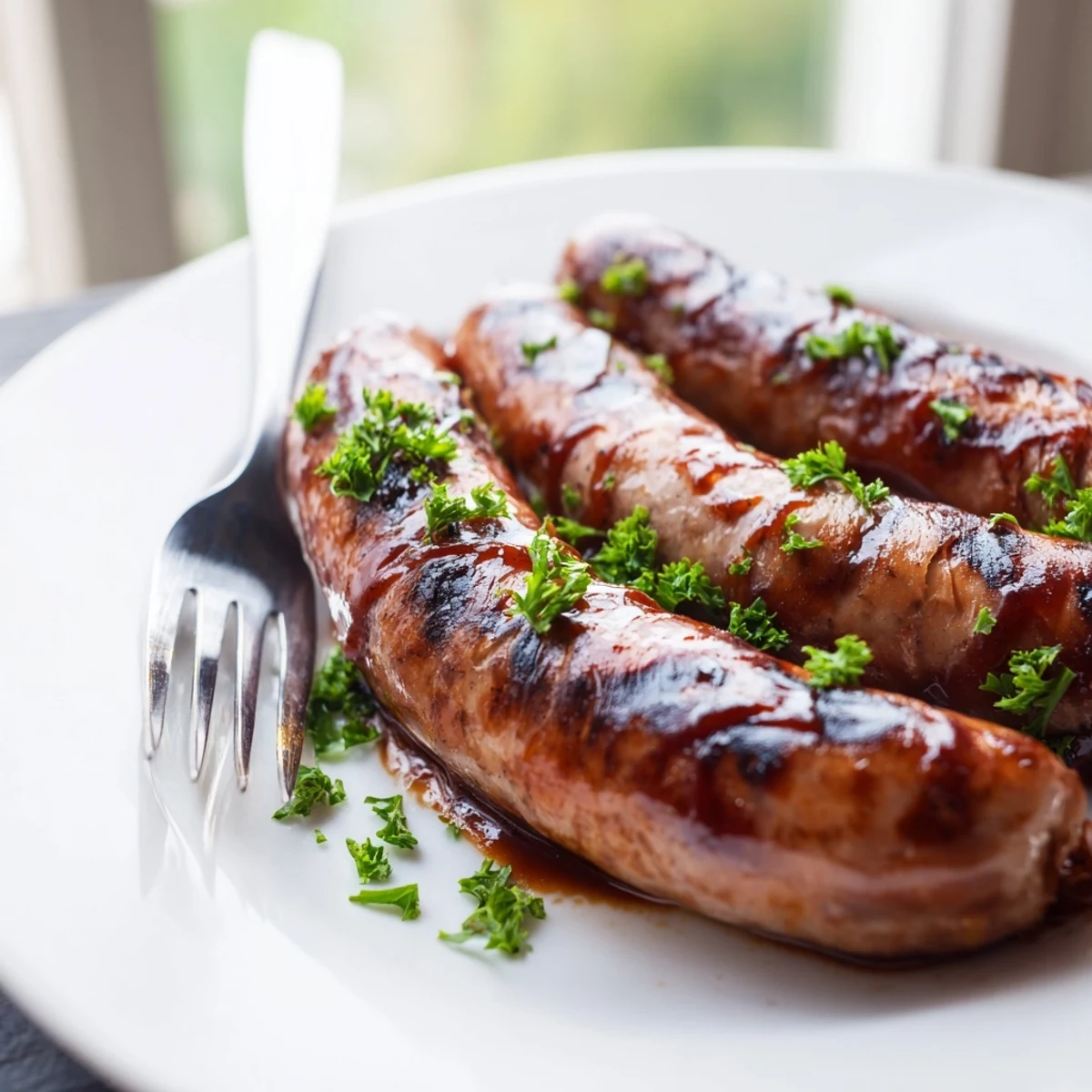 Juicy grilled sausages coated in sticky BBQ sauce, garnished with fresh parsley.