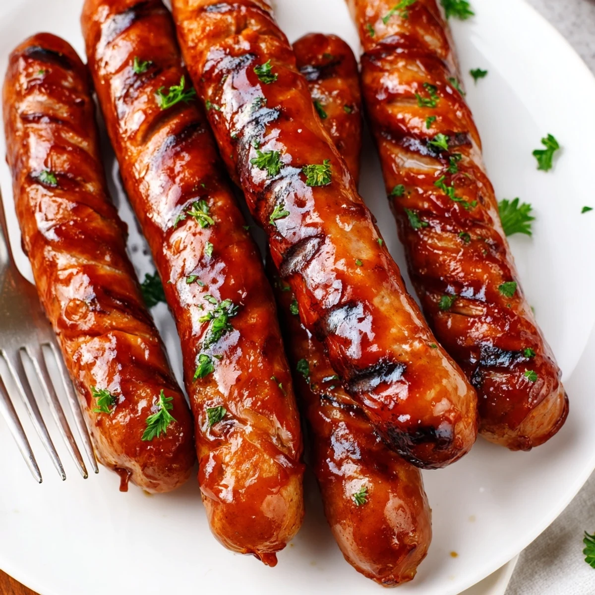 Smoky BBQ sausage recipe served on soft rolls with pickles and onions.