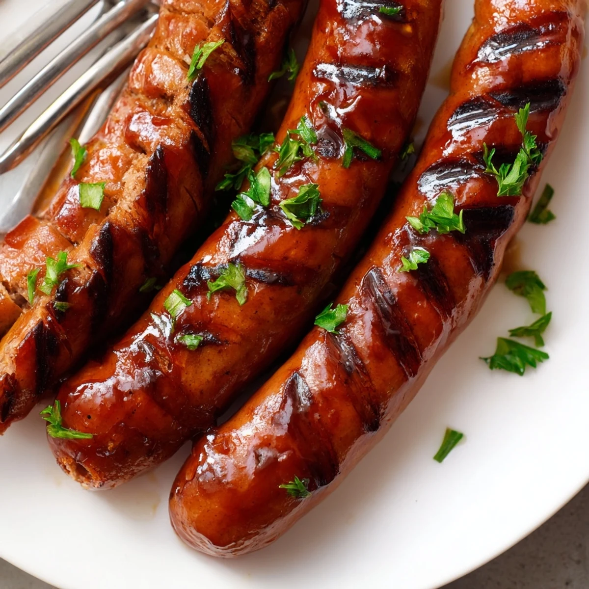 Caramelized barbecue glazed sausages fresh off the grill, ready for a summer cookout.