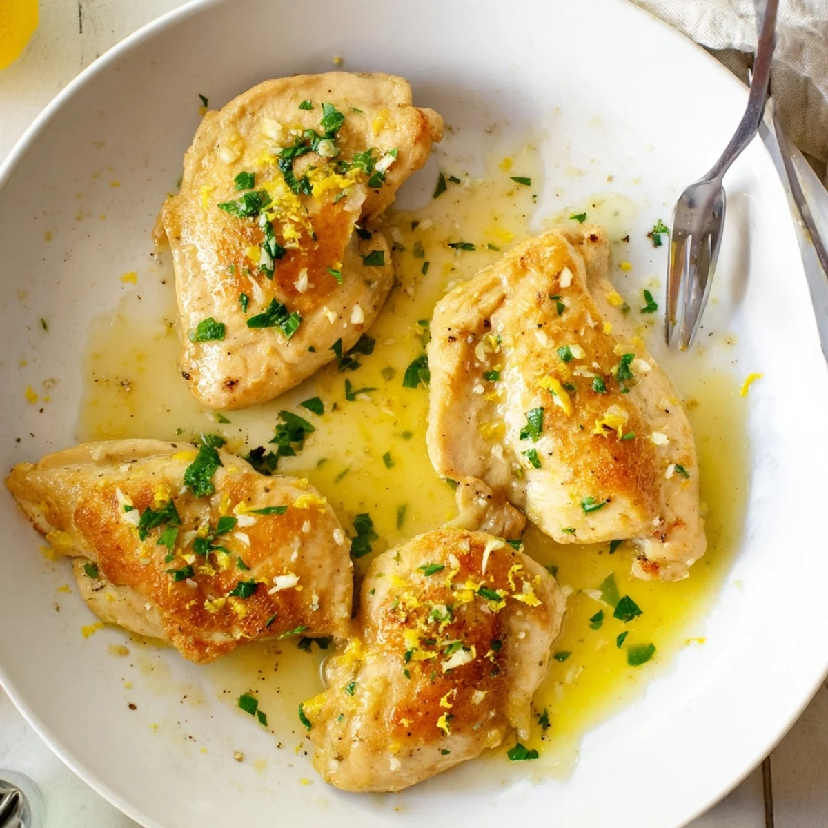 Golden pan-seared chicken draped in a glossy lemon garlic butter sauce with fresh parsley