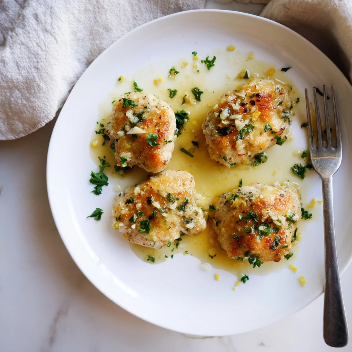 Crispy flour-dredged chicken breasts nestled in a bubbling lemon garlic butter skillet sauce