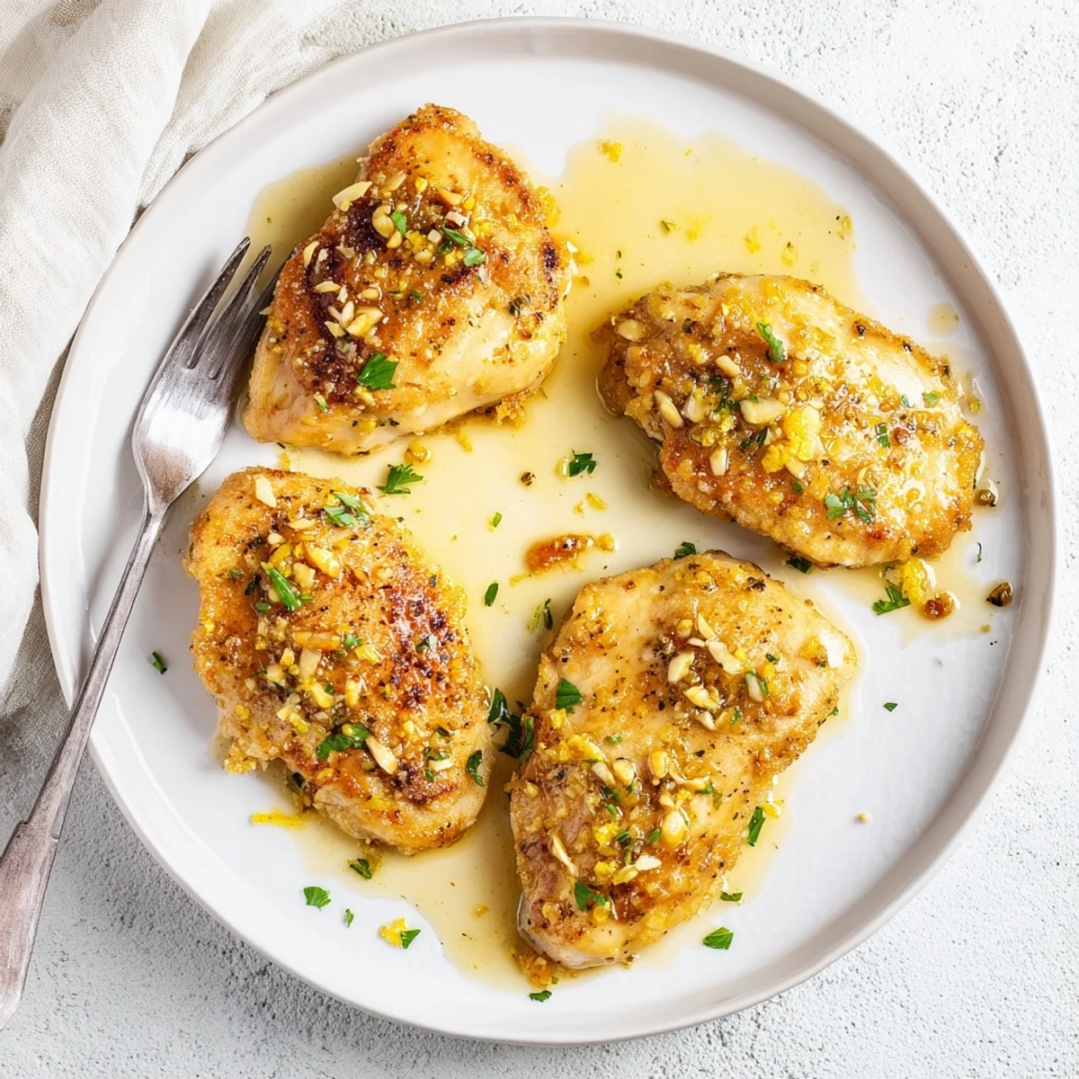 Tender chicken plated over rice and topped with bright lemon garlic butter pan sauce