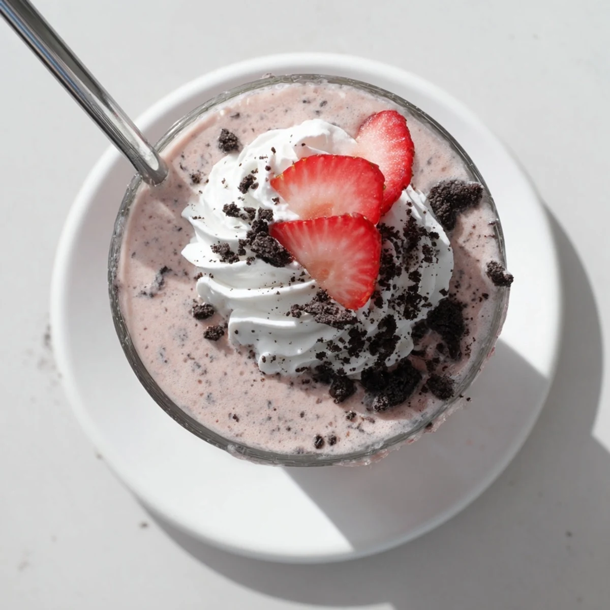 Pink creamy strawberry Oreo milkshake drizzled with chocolate cookie crumbs and fresh strawberry slices