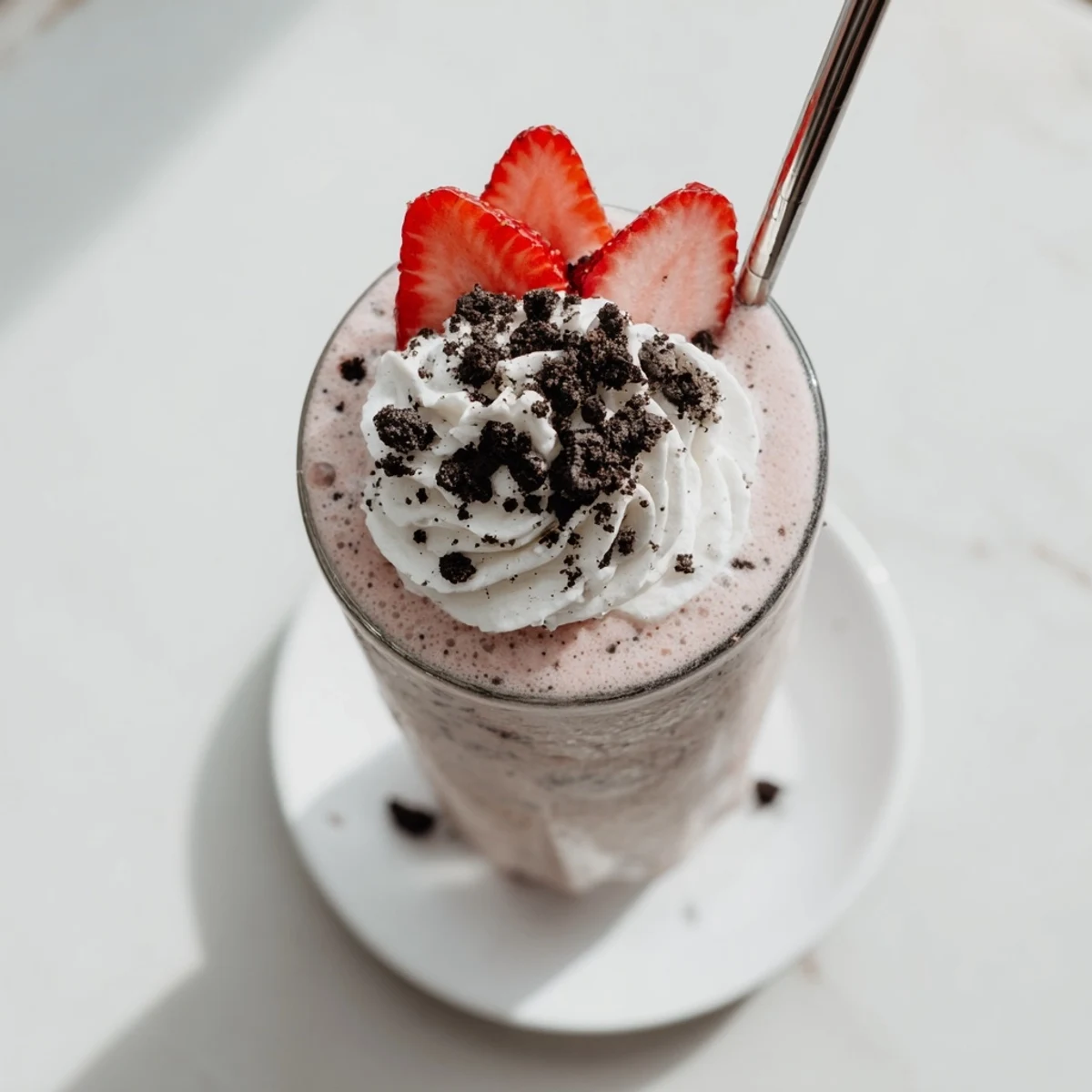 Thick strawberry Oreo milkshake topped with whipped cream and crushed cookie pieces in a chilled glass