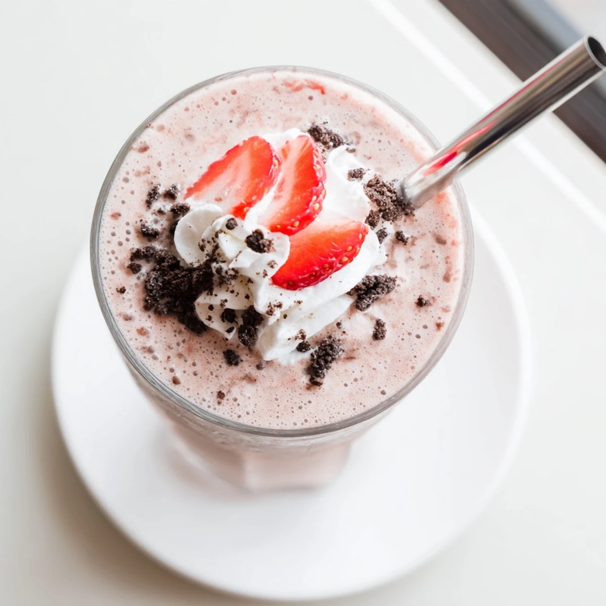 Two tall glasses of blended strawberry Oreo milkshake garnished with whipped cream and whole strawberries