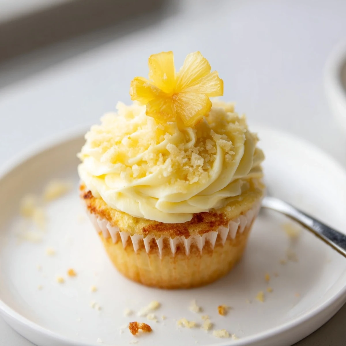 Dole Whip Cupcakes Recipe with fluffy pineapple frosting and maraschino cherry