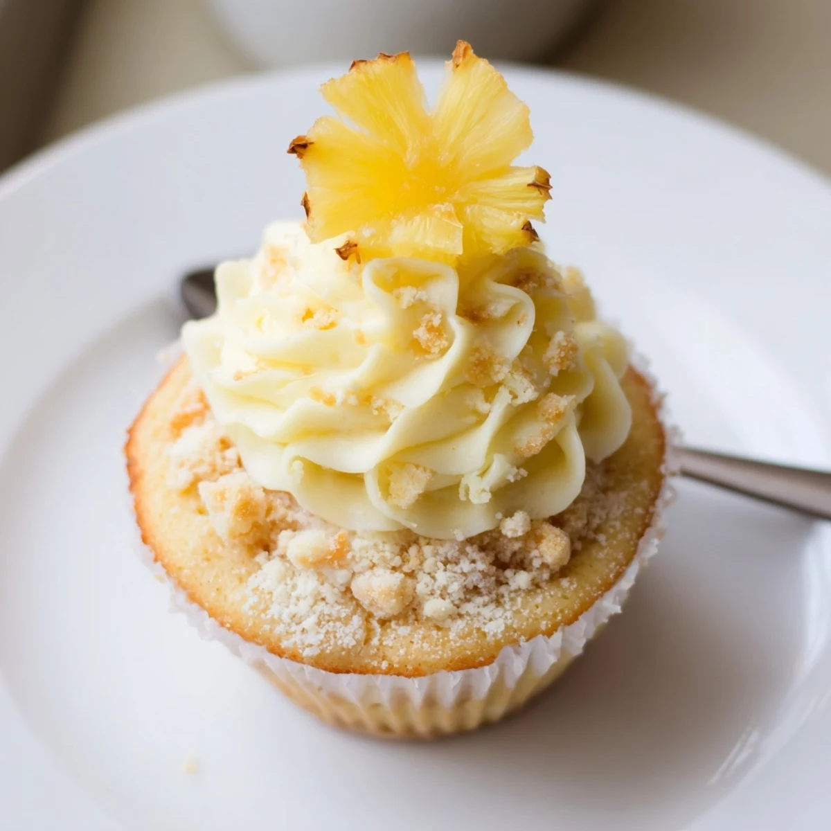 Close-up of Dole Whip Cupcakes Recipe topped with creamy yellow swirl